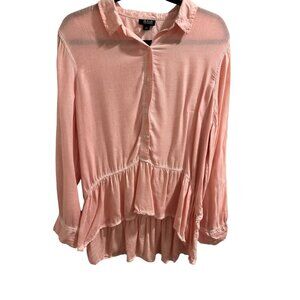 🍒 2/$20 🍒 Pink Boho Long Sleeve Collared Blouse with Flouncy Bottom sz L
